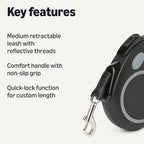 Amazon Basics Reflective Retractable Dog Leash, 16.4 Ft Tape Leash for Dogs Up to 55 Lbs, Non-Slip Comfort Grip, Quick-Lock, Medium, Black