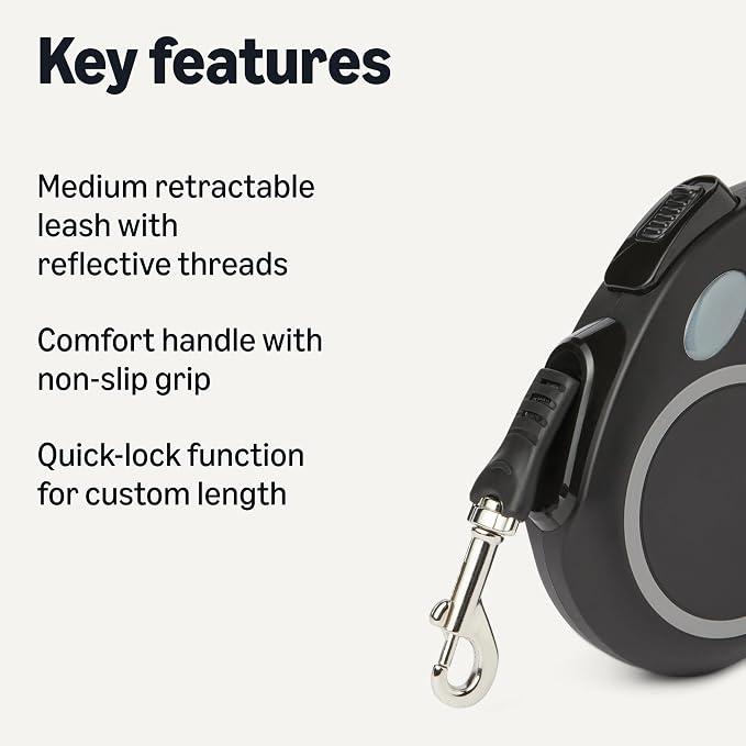 Amazon Basics Reflective Retractable Dog Leash, 16.4 Ft Tape Leash for Dogs Up to 55 Lbs, Non-Slip Comfort Grip, Quick-Lock, Medium, Black