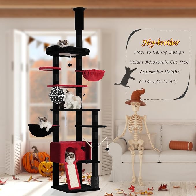 Hey-brother Cat Tree Tower, Adjustable Height, Floor to Ceiling, MPJ091BR | 94.5-106.3 Inches Multi-Level Cat House, Scratching Posts, Plush Condo, Platform, Toy Ball for Indoor Big Cats, Black and Red
