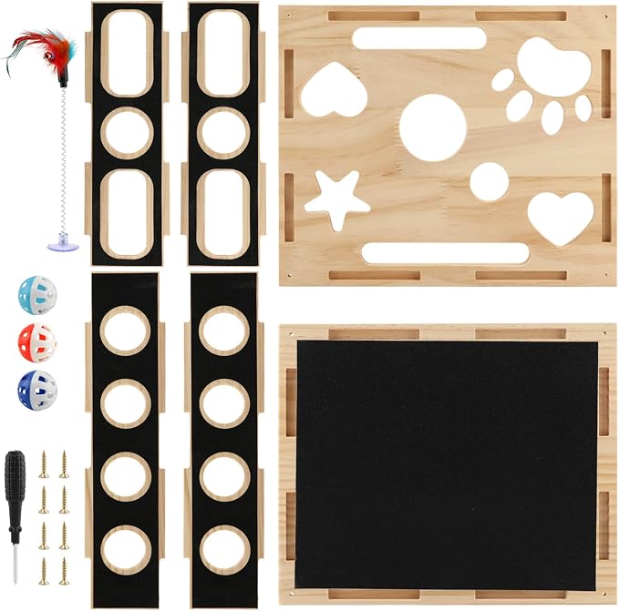 Cat Scratch Puzzle Enrichment Box, Wood Cat Nail File Box with Sandpaper Inside, Claw Care Toy for Indoor Cats with 3 Bell Balls & Teaser Wand, Alternative to Clippers & Grinders