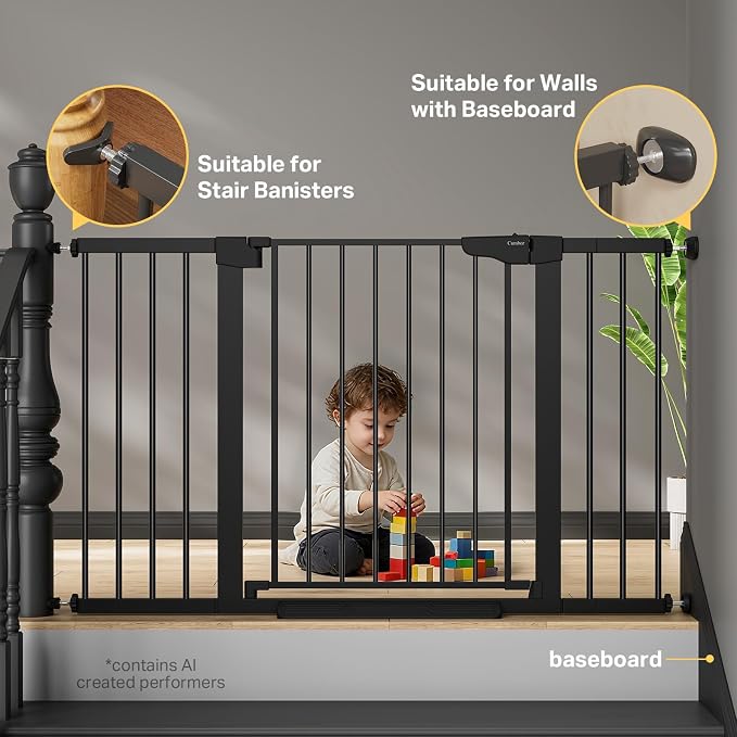 Cumbor 29.7-51.5 in Extra Wide Baby Gate for Stairs, Dog Gate Indoor Black | Mom's Choice Awards Winner, Auto Close with Double Lock for Doorways, Child Gate for Toddlers & Pets, Pressure Mounted