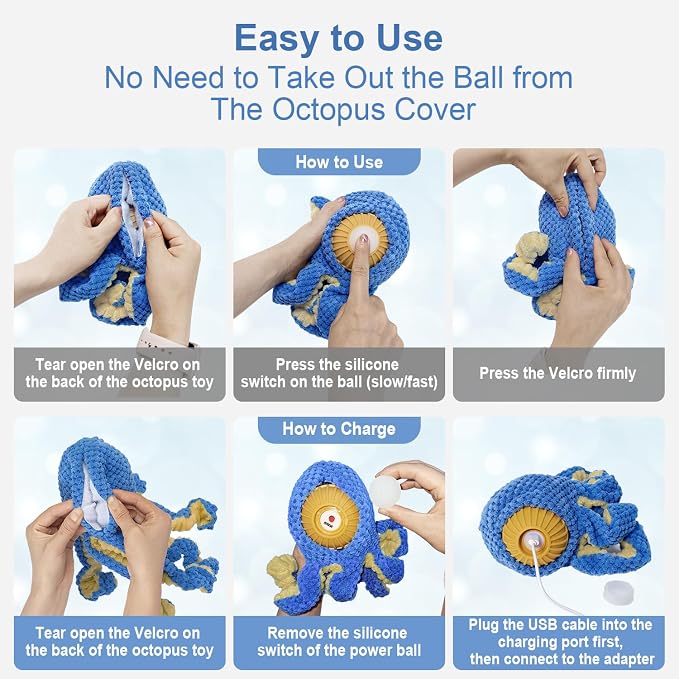 Interactive Dog Toys Octopus,Durable Automatic Jumping Dog Toy to Keep Them Busy,Squeaky Moving Tug of War Doggie Toy,USB Rechargeable,Not for Aggressive Chewers (Blue)