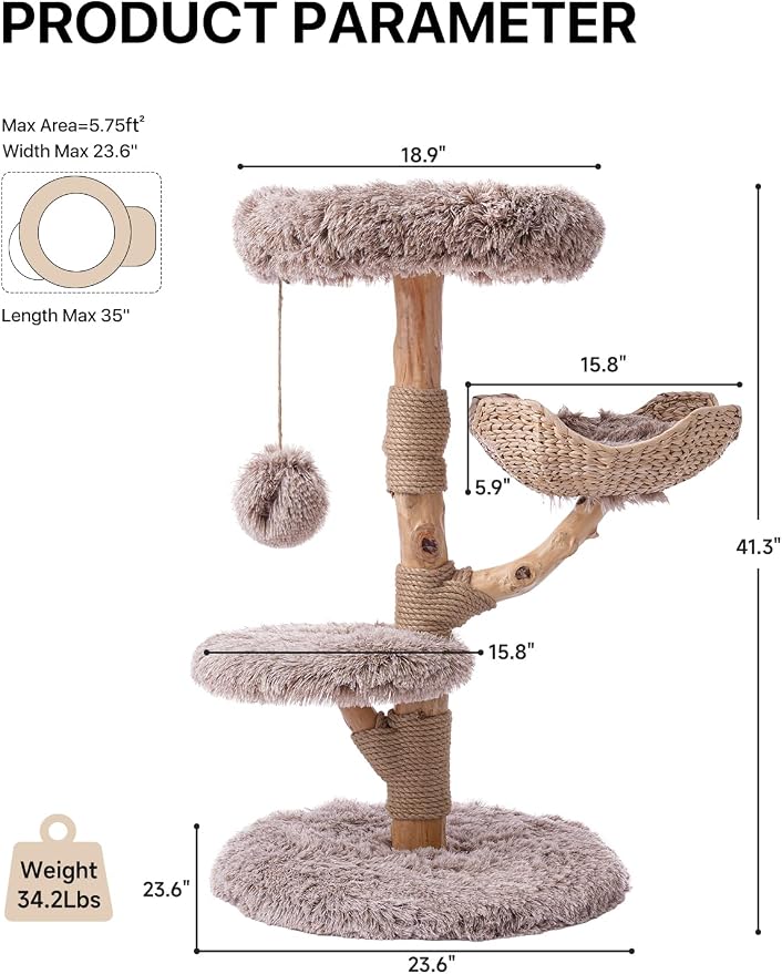 Sopapets Solid Wood Cat Tree for Large Cats, 41.3" Modern Cat Tower with Heavy Duty Real Branch & Hand-Woven Basket, Sisal Scratching Posts & Cozy Bed, Luxury Furniture for Indoor & Maine Coon, Beige