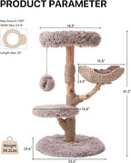 Sopapets Solid Wood Cat Tree for Large Cats, 41.3" Modern Cat Tower with Heavy Duty Real Branch & Hand-Woven Basket, Sisal Scratching Posts & Cozy Bed, Luxury Furniture for Indoor & Maine Coon, Beige