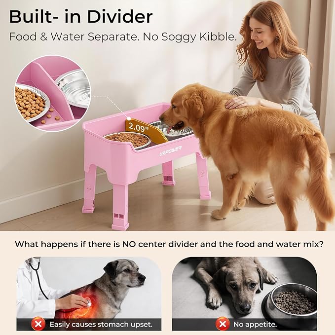 URPOWER Mess Proof Elevated Dog Bowls, Splash Guard Raised Bowl Stand | 4 Height Adjustable Raised Stand with 2 Stainless Steel Food Bowls & Licking Plate for Small, Medium & Large Dogs