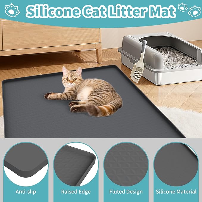Cat Litter Mat, 51" x 25.6" Silicone Cat Mat for Litter Box, Silicone Cat Litter Box Mat for Scatter Control, Easy Clean, Waterproof and Non-Slip(Grey)