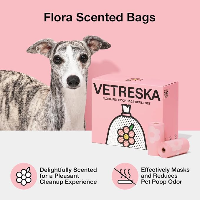VETRESKA Dog Poop Bags, Lavender Scented Pet Waste Bags, 300 Counts | Leak Proof & Extra Thick Waste Bags for Dog Walking and Cat Litter, 20 Refill Rolls, 9 * 13 inches