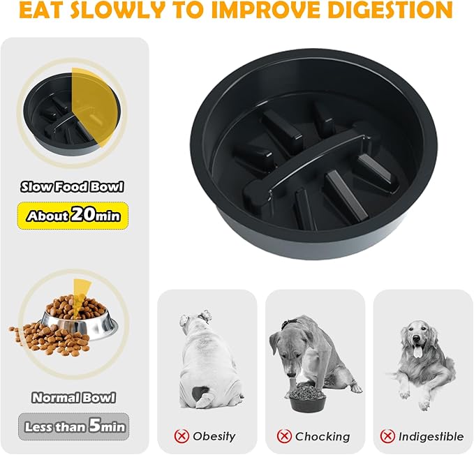 ADENGL 10" Elevated Dog Bowls – Metal Raised Dog Bowl Stand with 2 x 1700ml Stainless Steel Bowls, 1 Slow Feeder & Non-Slip Mat for Dogs