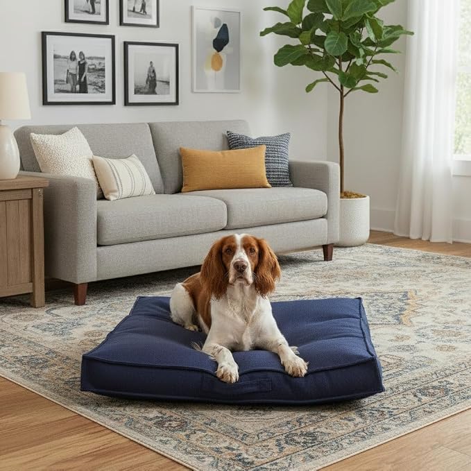 Indoor Dog Bed with Removable Washable Cover, Soft Basketweave Fabric, Reversible Cushion, Carry Handle, Baffle Construction to Help Prevent Fill Shifting, Cobalt - Medium (32"x32")