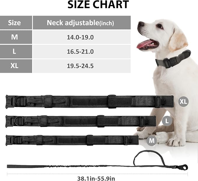 Tactical Dog Collar and Leash Set Heavy Duty Military Dog Collar with Handle and Metal Buckle for Medium and Large Dogs (Black, L)
