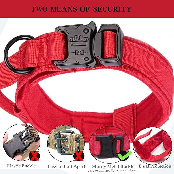 Tactical Dog Collar for Large Dogs with Control Handle,Red,XL | 1000D Heavy-Duty Nylon Fabric,Quick-Release Metal Buckle,Adjustable Fit,Soft-Padded Webbing,D-Ring,for Training & Hiking