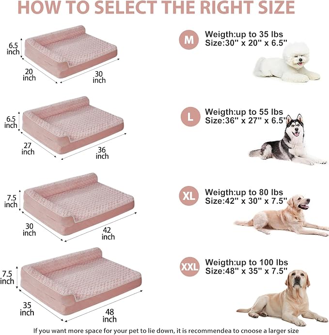 BFPETHOME Orthopedic Washable Dog Bed, Sleeping Couch for Large Senior Dogs | 30x20 Inch Deluxe Plush Rose Velvet Washable Cover, Egg Crate Foam Support, Waterproof Lining, Non-Slip Bottom, Pink