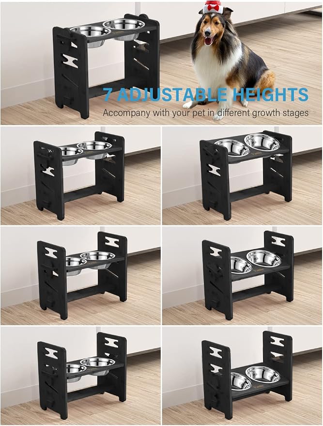 Vantic Elevated Dog Bowls, Raised Dog Bowl Stand Adjustable Medium, Black | Bamboo Elevated Feeder with 2 Stainless Steel Bowls, Adjustable Height Stand for Medium Dogs
