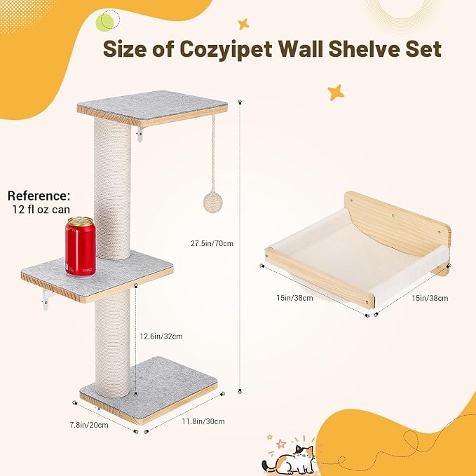 Wall Mounted Cat Shelves Set with Hammock | Sisal Scratching Posts, 3 Wooden Steps, Space-Saving Cat Tree, For Indoor Cats Up to 30 lbs