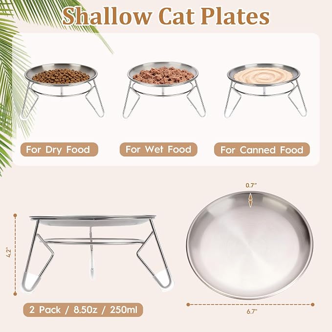 Cat Food Bowls,6.7" Extra Wide Raised Stainless Steel Cats Food Whisker Fatigue Shallow Dishes with Anti-Slip Metal Stand, for Indoor Fat Faced Cat Kitten and Small Dog Puppies-2pack
