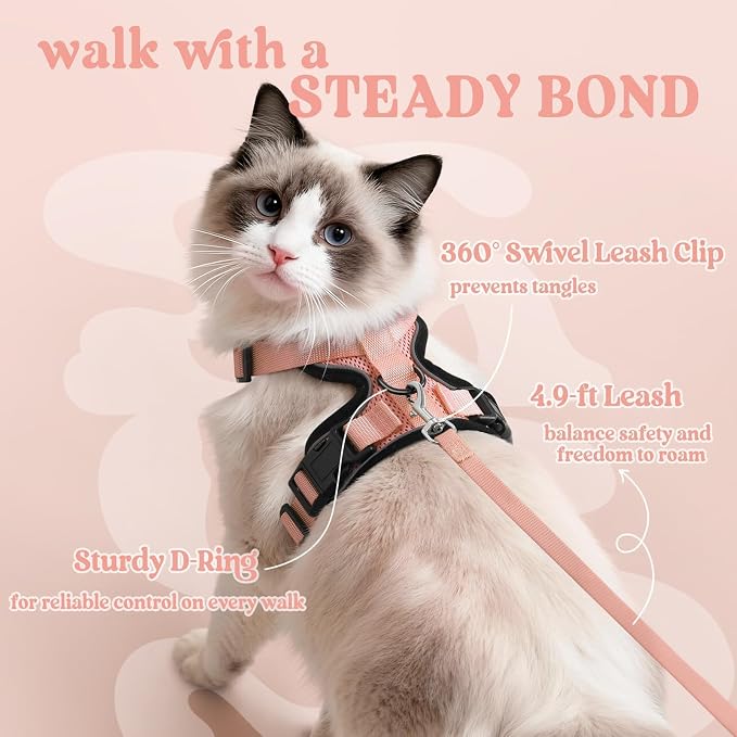 rabbitgoo Cat Harness and Leash Set, Escape Proof Vest, Light Salmon Pink | Soft Breathable Mesh, Easy Adjustable Fit, Snap Buckles, Sturdy Clip, Reflective Strips, for Average Cats Walks, S