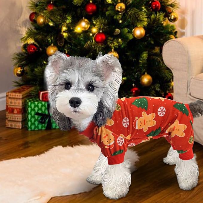 XPUDAC 4 Pieces Dog Christmas Pajamas Santa Pet Clothes Cute Snowman Dog Pajamas for Small Dogs Red Green X-Small