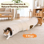 Ownpets S-Shape Cat Tunnel Toy 48"L x 10"D, for Cats, Puppies & Small Pets | Collapsible for storage, tear-resistant oxford fabric, connects to other tunnel, with peek hole, feather wand, indoor/outdoor
