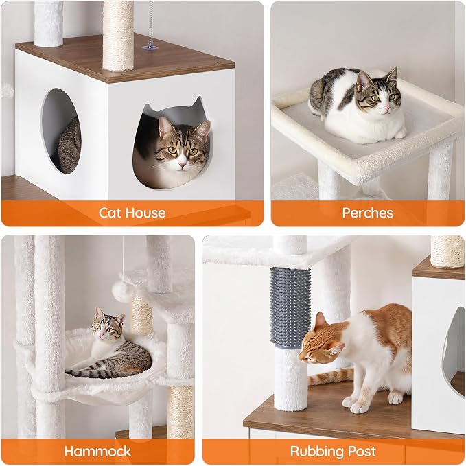 HOOBRO Cat Tree with Litter Box Enclosure, Tall Cat Tower for Indoor Cats | All-in-One Modern Cat Condo, Hidden Litter Box Enclosure Furniture, White and Walnut WH51MZ03