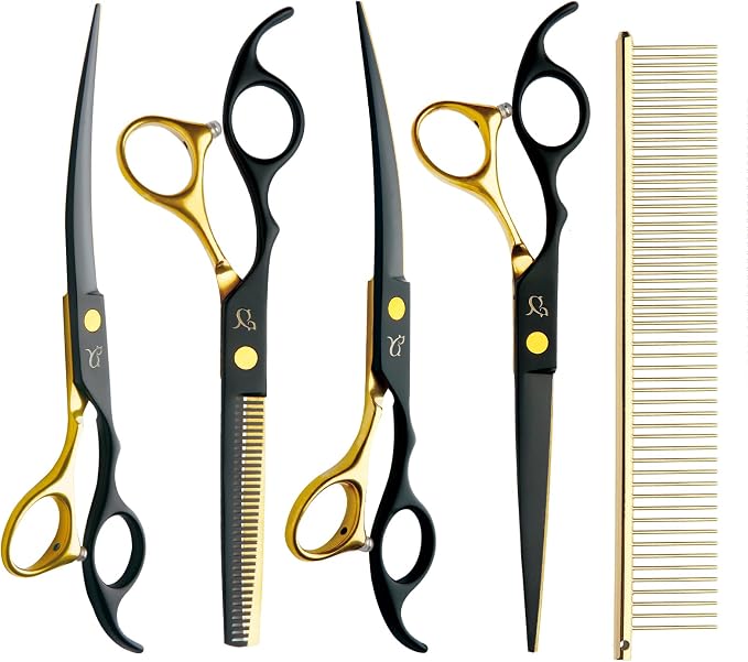Dog Grooming Scissors,Paint Coated Curved Scissors Thinning Scissors with Safety Round Tips, Sharp and Durable 5 in 1 Dog Scissors for Grooming