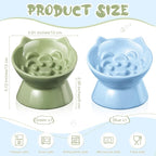 Funnymoom 2 Pcs Ceramic Raised Slow Feeder Cat Bowl, 5.91inch Elevated Cat Slow Feeder Bowl Tilted Anti Vomiting for Dry Wet Food and Water Easy to Clean High Edge(Green, Blue)