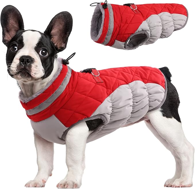 FUAMEY Dog Coat for Small Dogs, Fleece Dog Winter Jacket with Harness | Puppy Cold Weather Coats Reflective Pet Puffer Vest with Zipper Water-Resistant Warm Dogs Snowsuit Windproof Red S