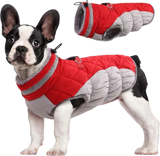 FUAMEY Dog Coat for Small Dogs, Fleece Dog Winter Jacket with Harness | Puppy Cold Weather Coats Reflective Pet Puffer Vest with Zipper Water-Resistant Warm Dogs Snowsuit Windproof Red XS