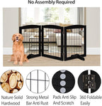 LZRS 3-Panel Freestanding Wooden Dog Gate—30" Tall Foldable Pet Barrier with Support Feet, Chew-Resistant Solid Hardwood & Steel Wire Safety Fence for Doorways, Hallways, and Stairs, Black