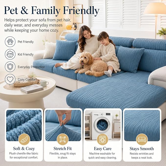 Stretch Sofa Slipcover, 2026 Upgraded Non Slip Couch Cover with Adjustable Straps, Pet Dog Cat Friendly Furniture Protector for 3 Seater, Washable for Living Room