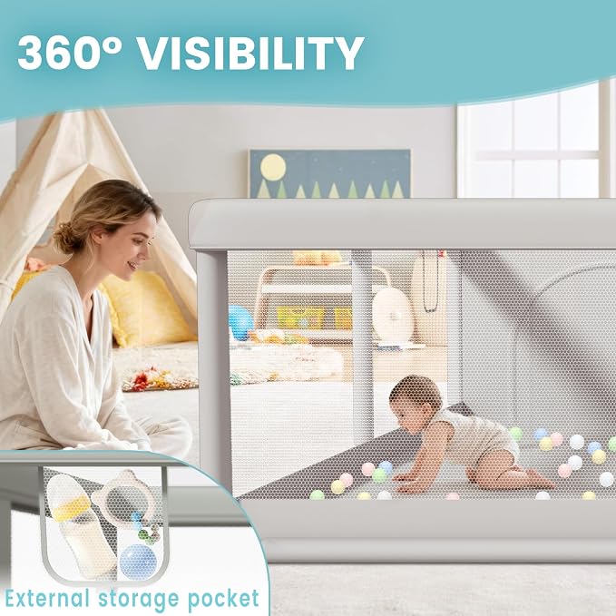 Hiaksedt 79x79 Inch Baby Playpen for Babies and Toddlers | Extra Large Play Yards for Indoor & Outdoor with Zipper Gates, Breathable Mesh with Anti-Slip Base