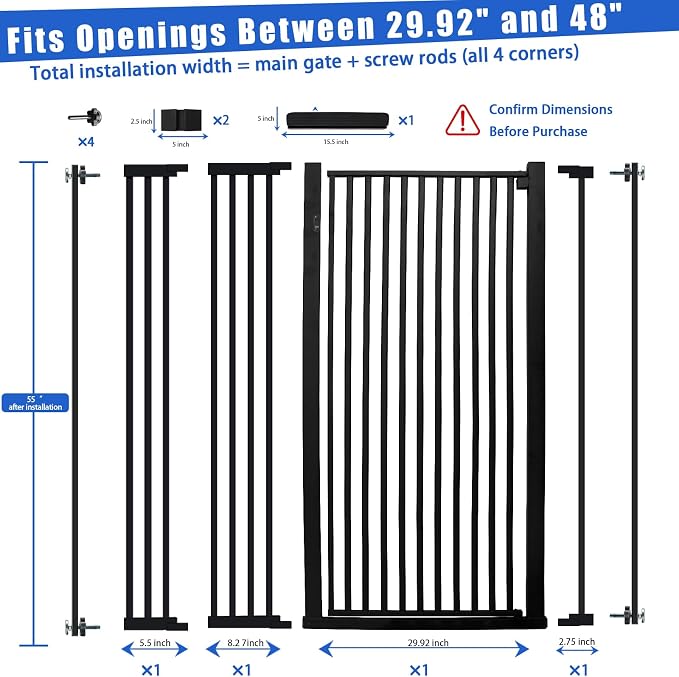 SHYUJAJIE 55 Inch Extra Tall Pet Gate for Cats | 29.92"-48" Adjustable Wide Dog Gates,Pressure Mounted Walk Through Tall Pets Gate for Doorways,Hallway,Stairs,Black