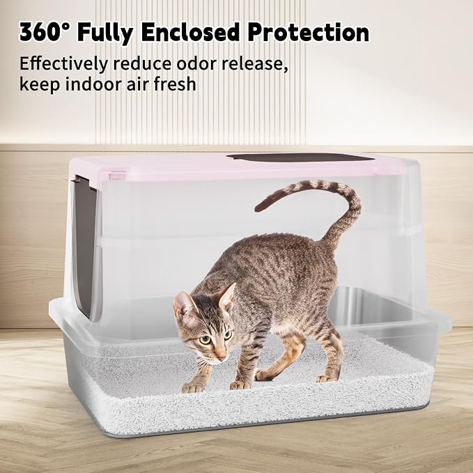 RIZZARI Stainless Enclosed Litter Box: with Scoop & Odor Control | 304 Stainless Basin / Wide Top Opening / Privacy Enclosure / Top & Swing Dual Entry / Anti-Leakage Raised Rim