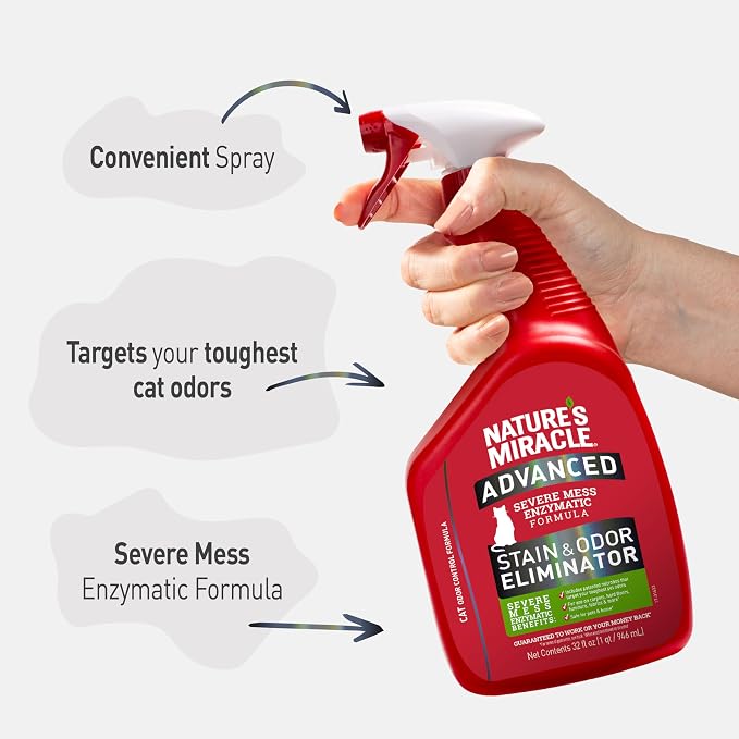 Nature’s Miracle Advanced Cat Stain & Odor Eliminator, Severe Mess, 32 oz | Enzymatic Cleaner Eliminates the Toughest Cat Messes, For Use on Multiple Surfaces, Safe For Pets and Home*, Fresh Scent