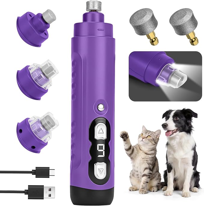 Quiet Dog Nail Grinder, 9-Speed Electric Pet Nail Trimmer with LED | Low noise, Safety sensor guard, 2 LED lights, USB rechargeable, Professional grooming, Sensitive paws, Dogs cats all breeds