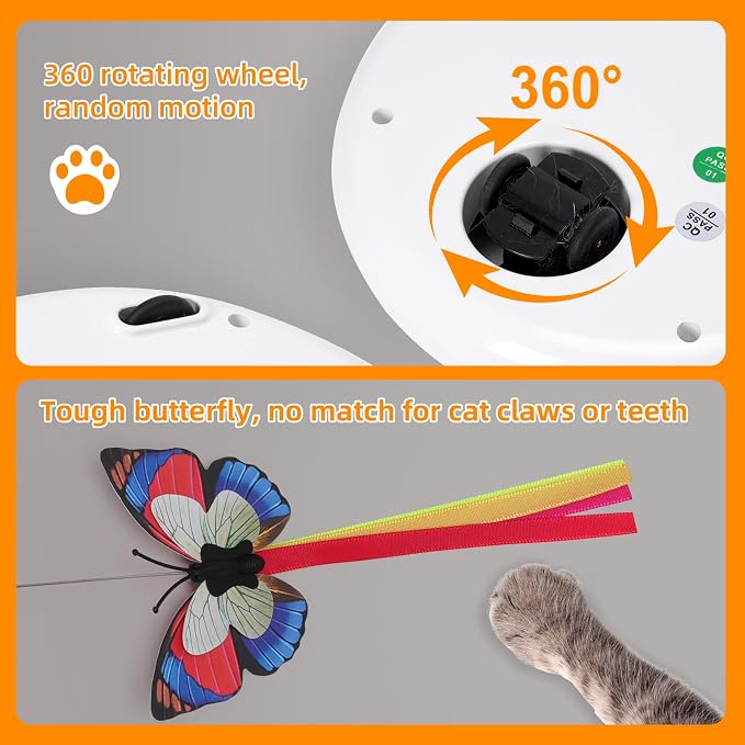 Cat Toy 3in1 Automatic Interactive Wand Toy for Indoor Cats,Moving Butterfly&Glowing Feathers Speedy Tail,Rechargeable Cat Enrichment Toys for Kittens