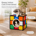 Cat Condo House with Reversible Cushions and Fluffy Ball Hanging, Foldable Magic Cube, Large Cave Bed for Indoor Cats, Unique Puzzle Shape 15.7“ x 15.7" x 13.4”