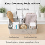Dog Grooming Organizer Caddy, 4-Compartment Metal Pet Grooming Supplies Storage Bin with Handles, Pet Stuff Holder for Brushes, Clippers, Scissors, Combs, Cat Dog Grooming Kit-White