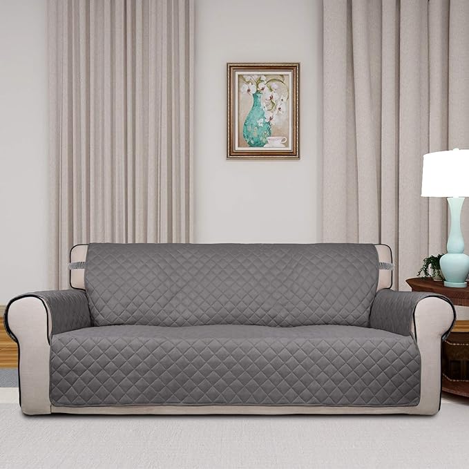 PureFit Reversible Quilted Sofa Cover Dog Couch Covers for Sofa, 66 in | Gray/Light Gray, Water Resistant Couch Protector, Washable Pet Couch Cover with Non Slip and Elastic Straps For Kids