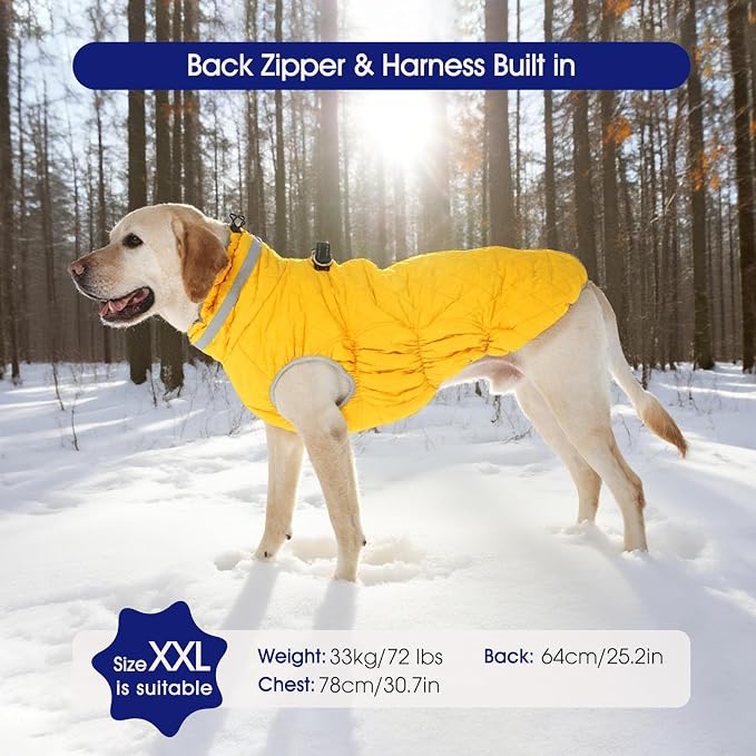 FUAMEY Dog Winter Coat Fleece Warm Small Dog Coat with Harness Built in | Dogs Cold Weather Fleece Coats Zip up Reflective Dog Winter Vest Windproof Water Resistant Snow Coats Yellow XS