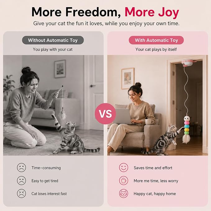 Interactive Cat Toys for Indoor Cats,Automatic Hanging Door Cat Teaser Feather Toy with 6 Accessories,2 Modes,Auto Pause & USB Rechargeable Electric Cat Chase Toy,Safe for Bored Adult Kitten-Pink