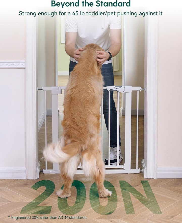 Babelio Pressure Mounted Baby Gate for Stairs, 26-40" Wide Dog Gate Indoor | Triple-lock system; Pressure/wall mount; Auto-close; 200N impact tested; Easy Install for Doorways, Kitchen, Hallway, White