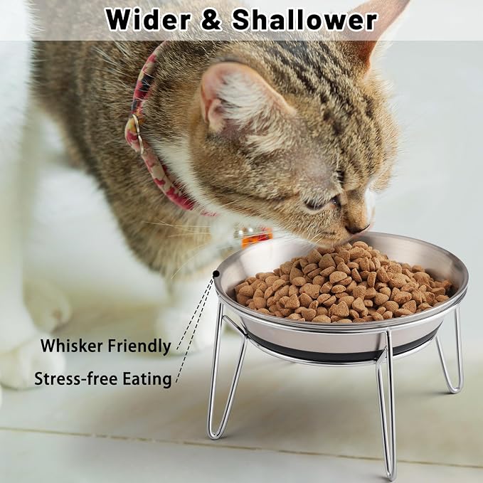 Elevated Cat Bowls, Wide Stainless Steel Cat Food Bowls with Metal Stand Whisker Stress-Free, Raised Food and Water Dish for Cats, Kitten, Puppies and Small Dogs