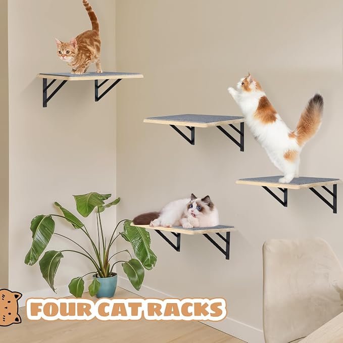 Burlywood Cat Shelves: Set of 4 Wood Cat Furniture Indoors - Climbing Shelf with Wall Mounted Scratching Pad & Hammock for Big Cats