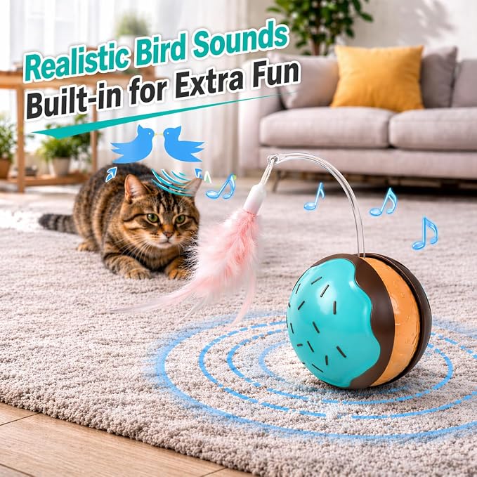 Interactive Cat Toys for Indoor Cats, Automatic Rechargeable Rolling Ball | Realistic Bird Chirping Sound, 6-Color Breathing Light Wand, Feather & Tail Attachments included, Large 3-Inch Ball Design