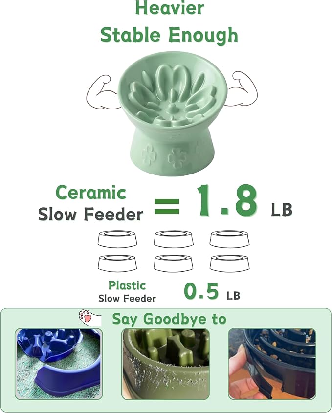 TRUVIC Ceramic Slow Feeder Cat Bowl, 15° Tilted Elevated Cat Slow Eating Bowl for Neck Protection, Anti Vomiting Dog Slow Feeder, Whisker Friendly & No Black Chin for Cats and Small Dogs, Green