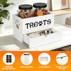 Dog Treat Jar for Countertop, 9.8 * 5.1 * 6'' 2 Layer Dog Treat Container with Drawer 2Jars and Sticker Wooden Pet Food Organizer Storage Basket For Pets Great Gift for Pets' Owners (White)
