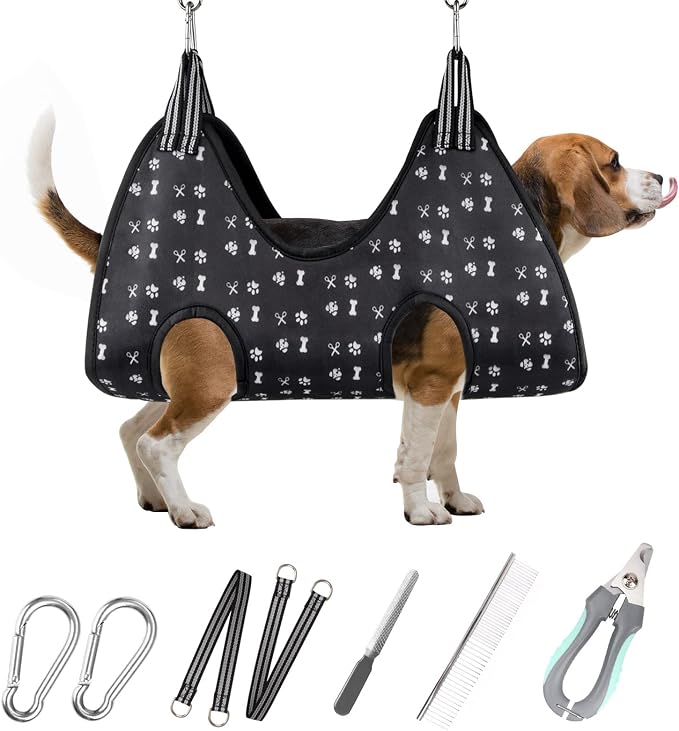 ATESON Pet Dog Grooming Hammock Harness for Nail Trimming (M 40lb), Dog Sling for Cutting Nail, Dog Hanging Holder Hanger for Clipping Nail with Nail Clippers, Nail File, Pet Comb