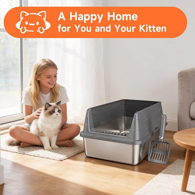 Stainless Steel Cat Litter Box Low Entry Litter Pan Include Scoop | Odor Free Metal High Sides Lid Open Top Easy Cleaning Anti-Scratc Anti-Urine Leakage Non-Sticky