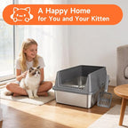 Stainless Steel Cat Litter Box Low Entry Litter Pan Include Scoop | Odor Free Metal High Sides Lid Open Top Easy Cleaning Anti-Scratc Anti-Urine Leakage Non-Sticky