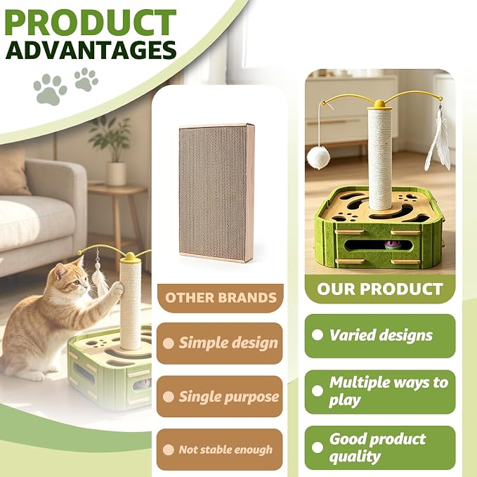 Cat Nail File Scratcher Boxs,Interactive Cats Puzzle Toys with Sisal Column Bell Balls,Indoor Cat Maze Hunting Game Toy for Scratching Mental Stimulation Boredom Relief